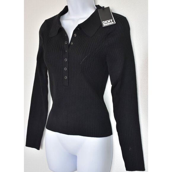 DKNY JEANS WOMEN NWT RIB COTTON BLEND KNIT BLACK POLO SWEATER. SIZE L - Picture 6 of 10